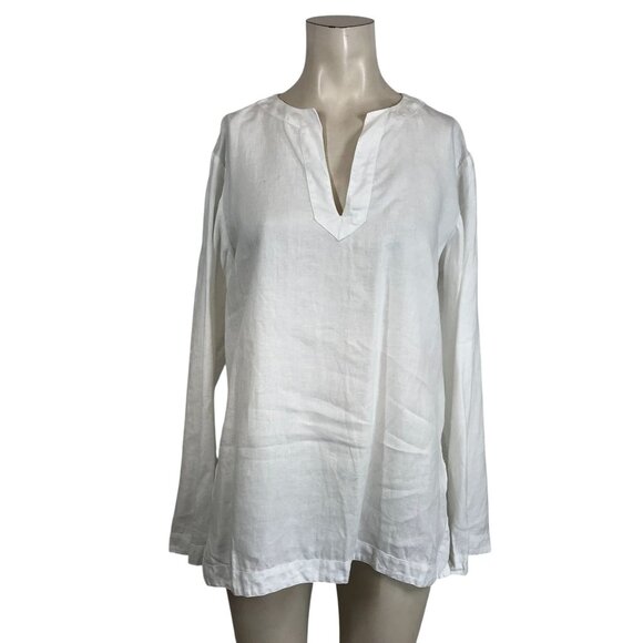 LAUREN RALPH LAUREN - WOMEN'S MEDIUM - WHITE 100% LINEN LONG SLEEVE V NECK SHIRT - Picture 1 of 7